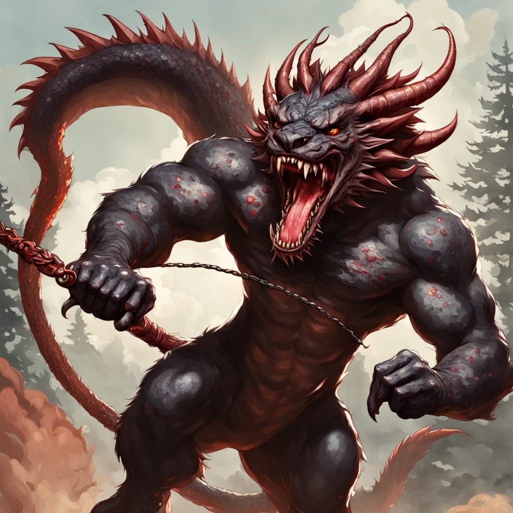 Furious Weredragon Swinging Bleeding Whip