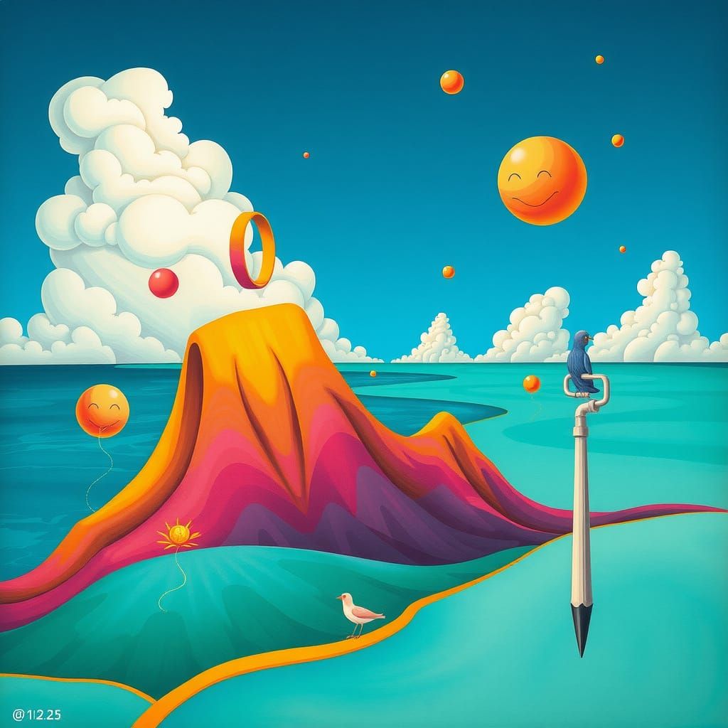 Surreal Gouache of Ancient Landscape with Teal and Ochre Col...