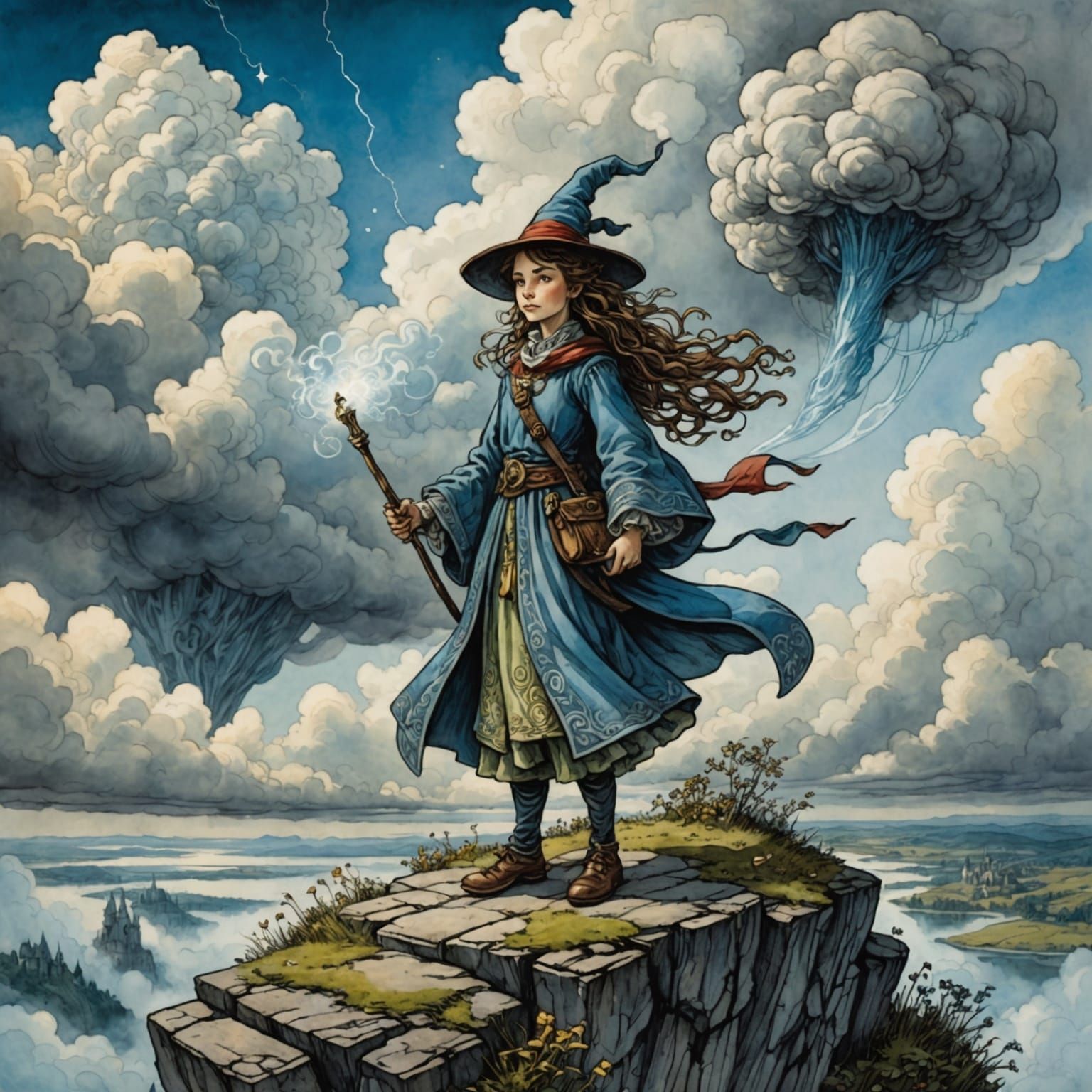 Princess Wizard in Watercolor Cloudscape