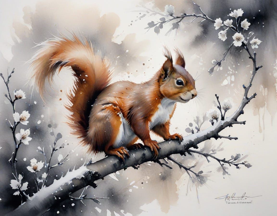 Red Squirrel on Plum Branch in Ink Wash Style
