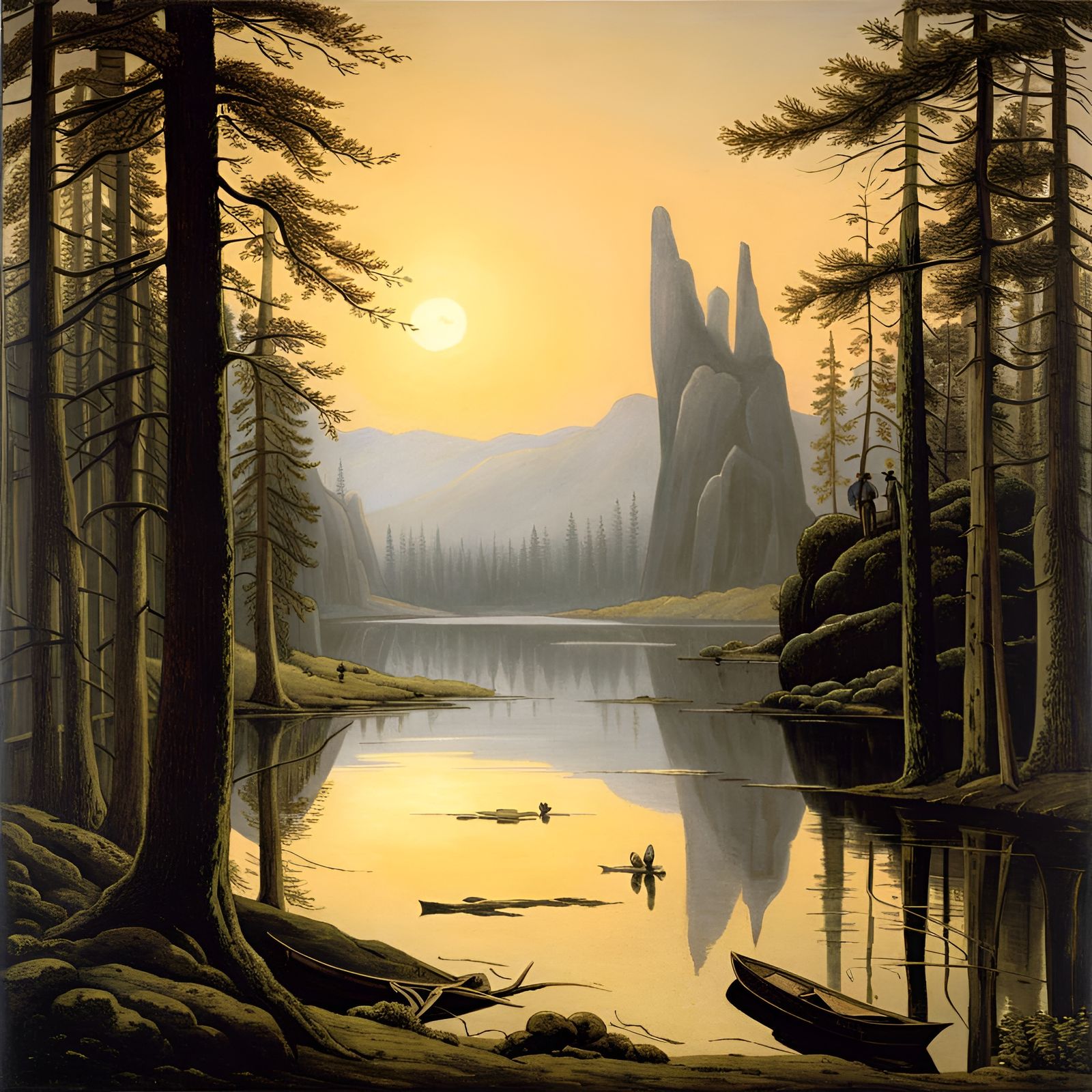 Tranquil Lake Reflections in Romantic Style