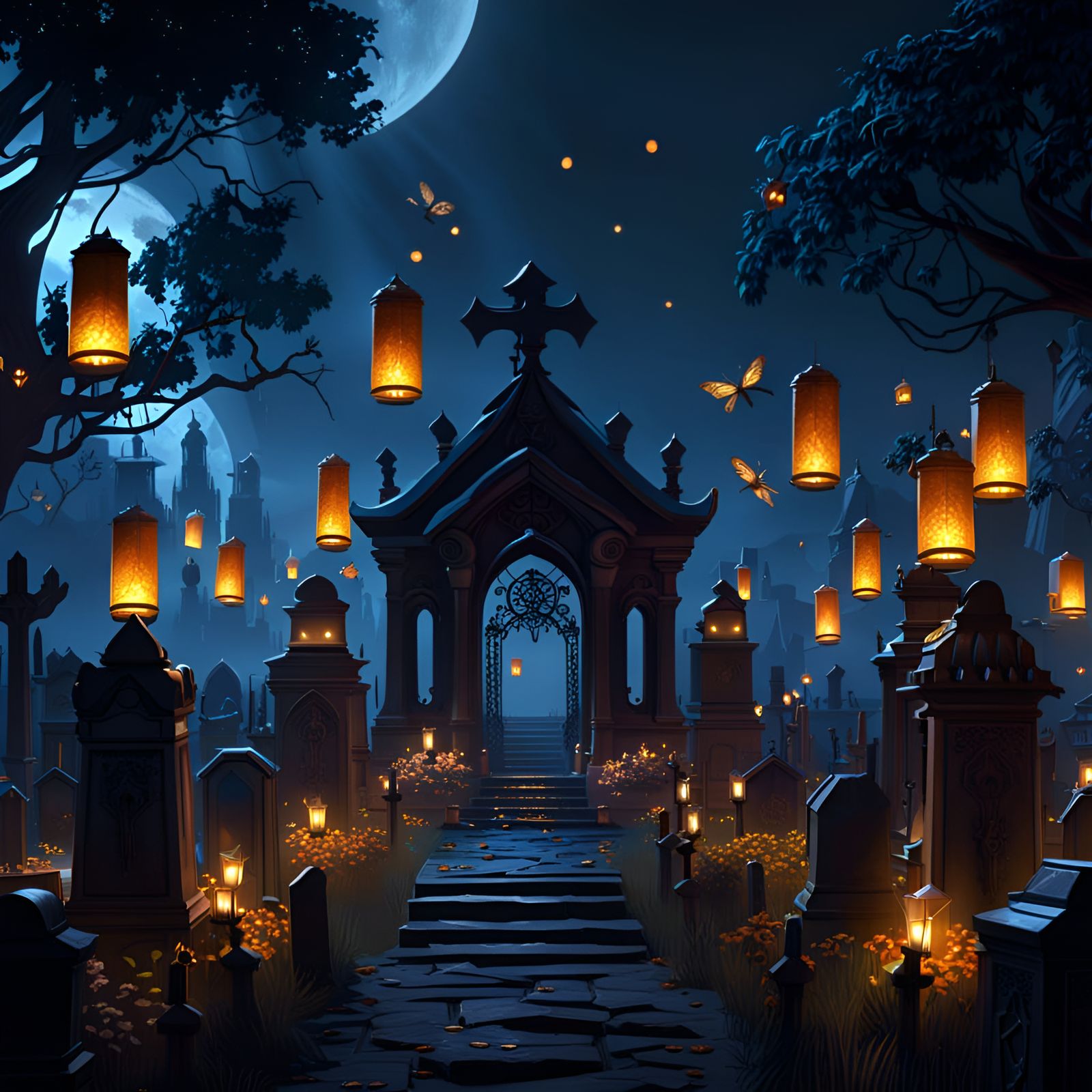 Dark Fantasy Graveyard with Fireflies and Lanterns