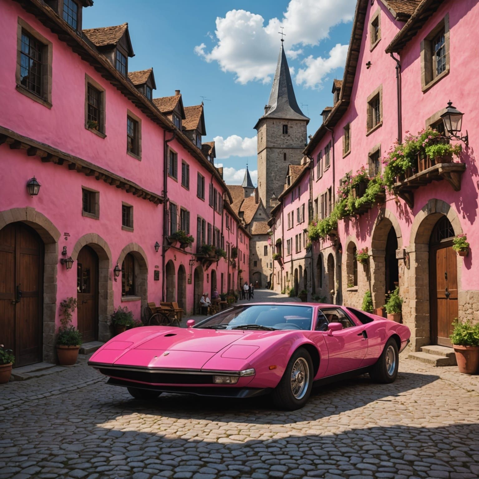 Pink Supercar in Medieval Village: A Surreal Time Collision