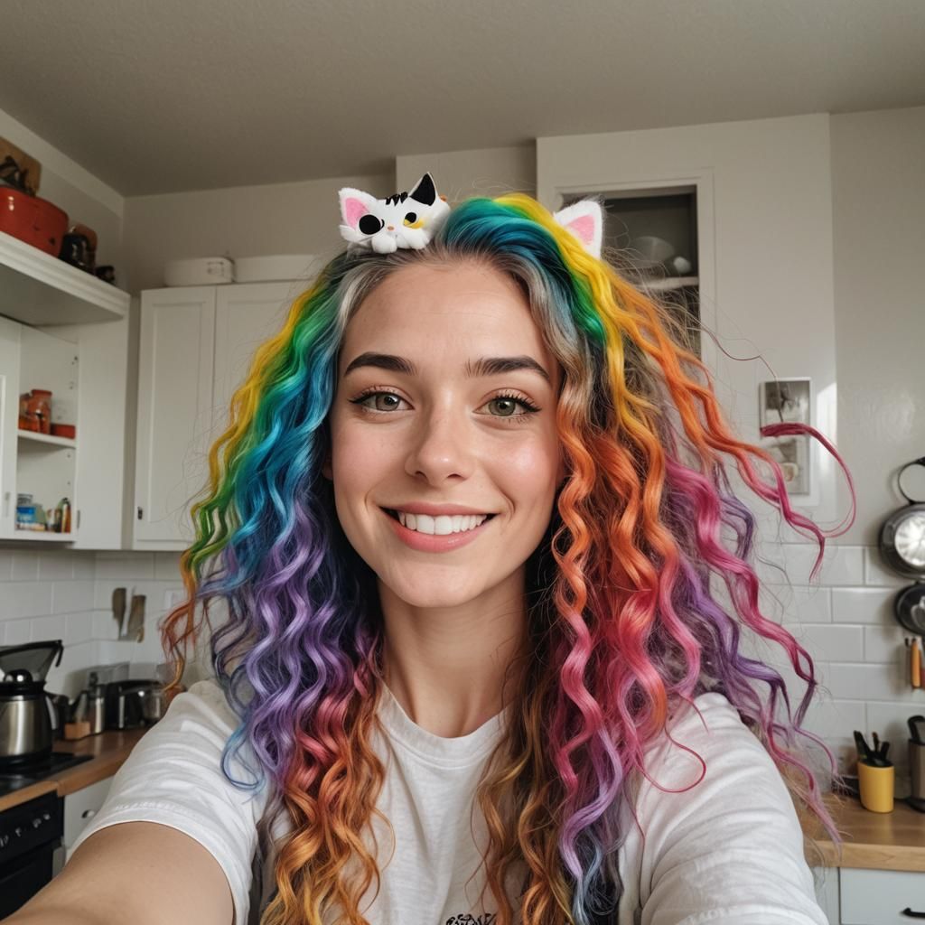 Woman with Rainbow Hair Selfie with Cat Filter