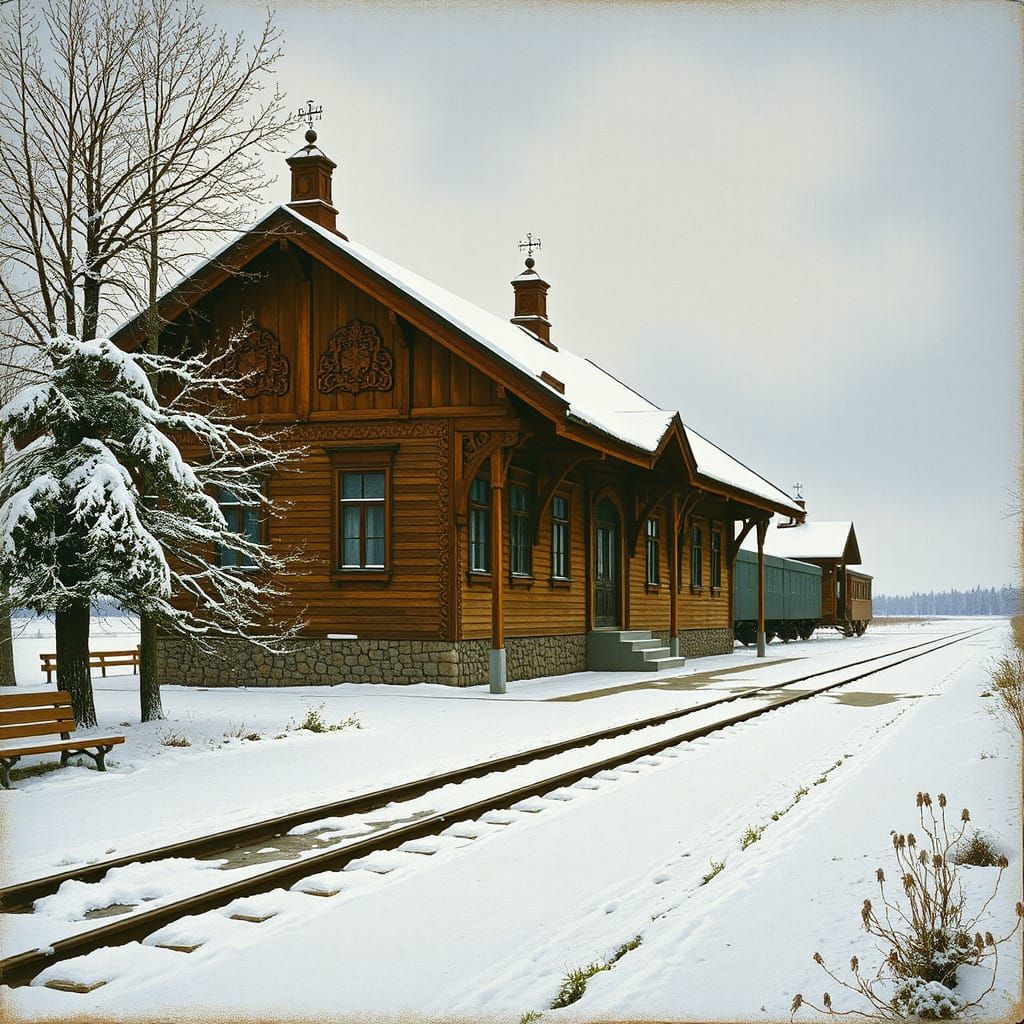 Finnish Winter Train Station in Earthy Oils