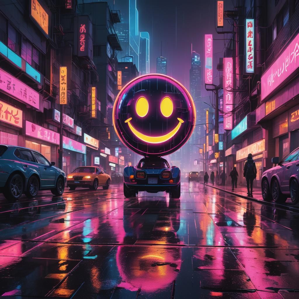 Smiley Face in Dystopian Cityscape: Retrofuturistic Neon Art