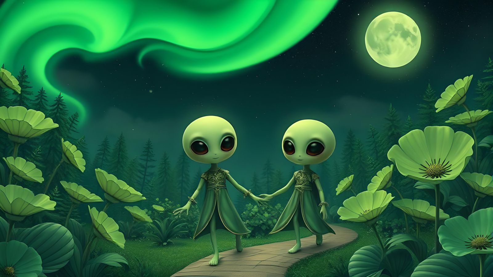 Green Aliens Discovering a Green Planet