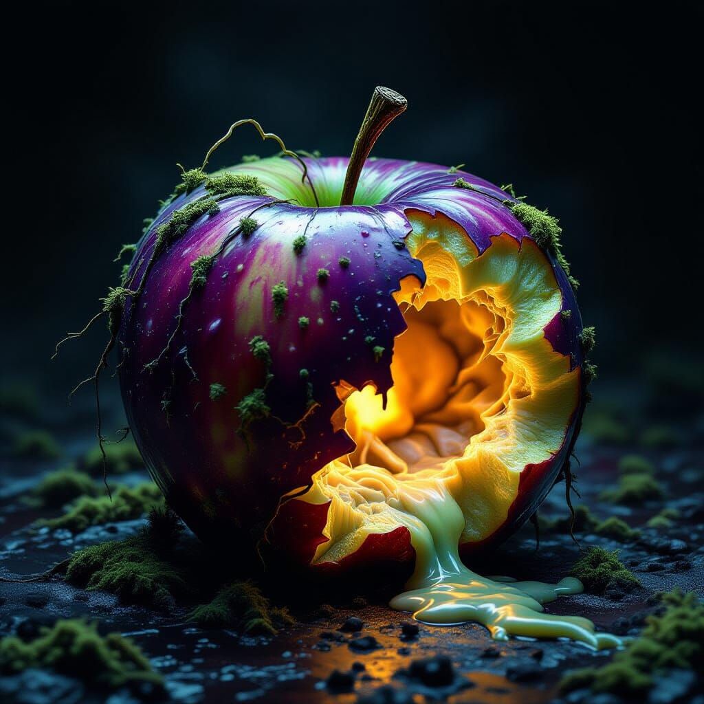 Decaying Apple with Bioluminescent Slime in Giger Style