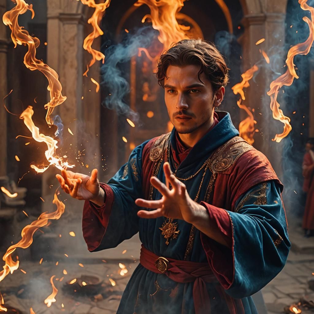 Young Magician Conjuring Flames in Renaissance Style