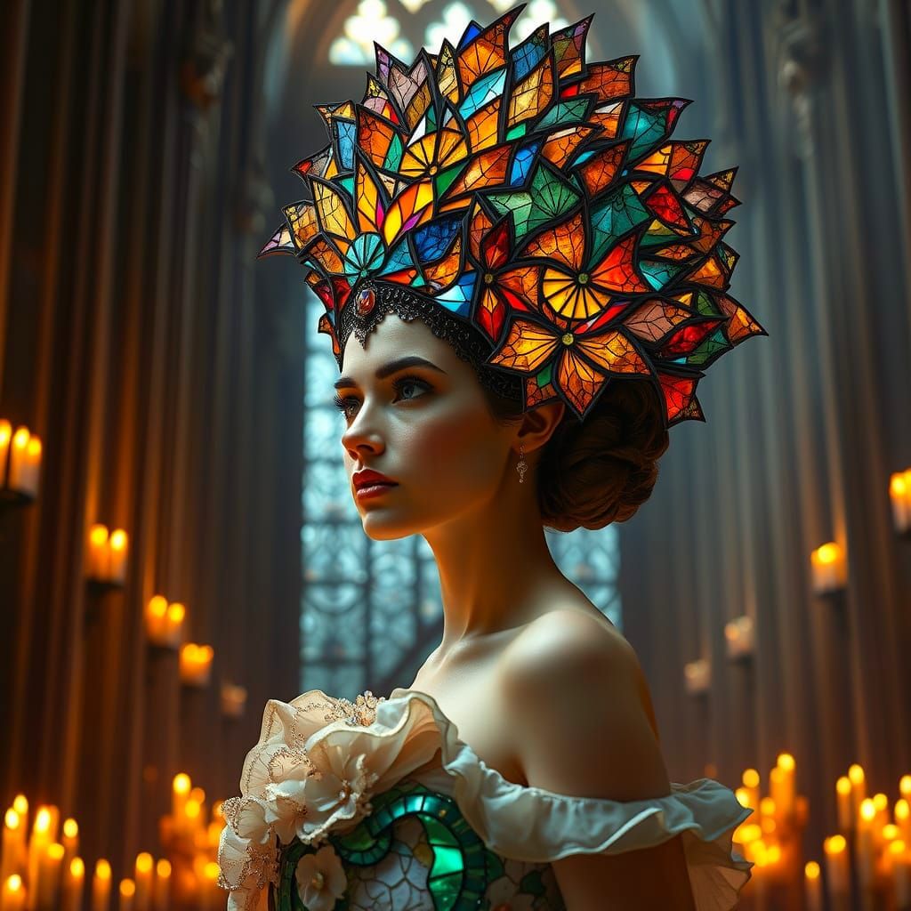 Ethereal Stained Glass Goddess in Cathedral