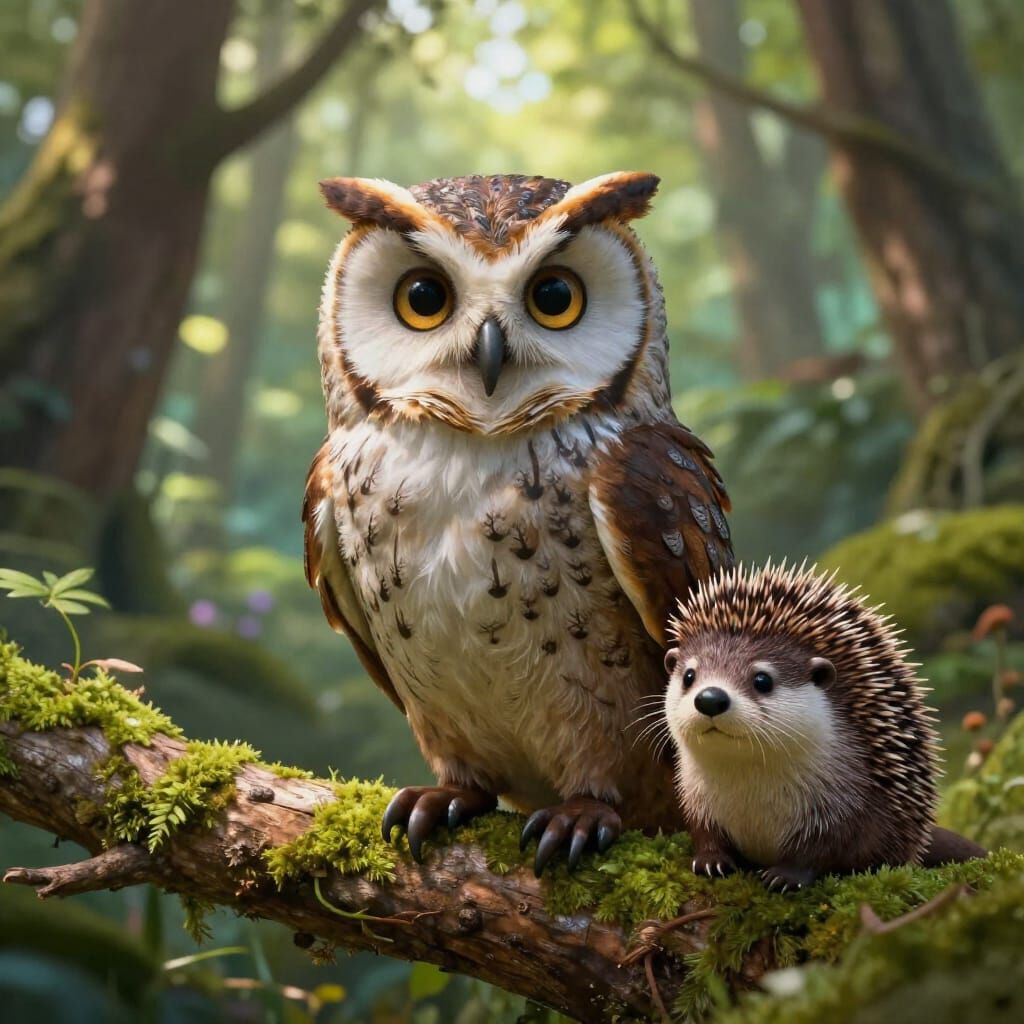 Whimsical Owl Otter Hedgehog Hybrid Creature