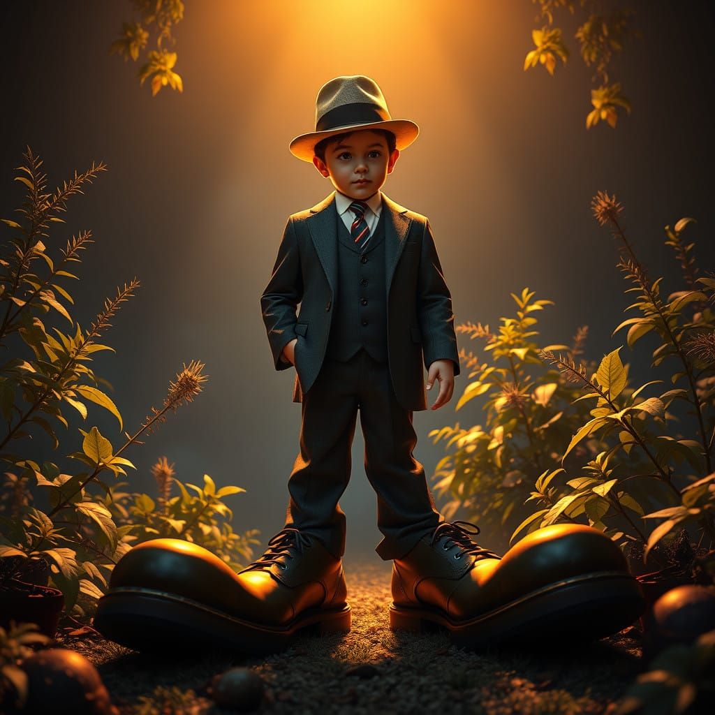 Small Boy Prepares for a Futuristic Life, Wearing Oversized....