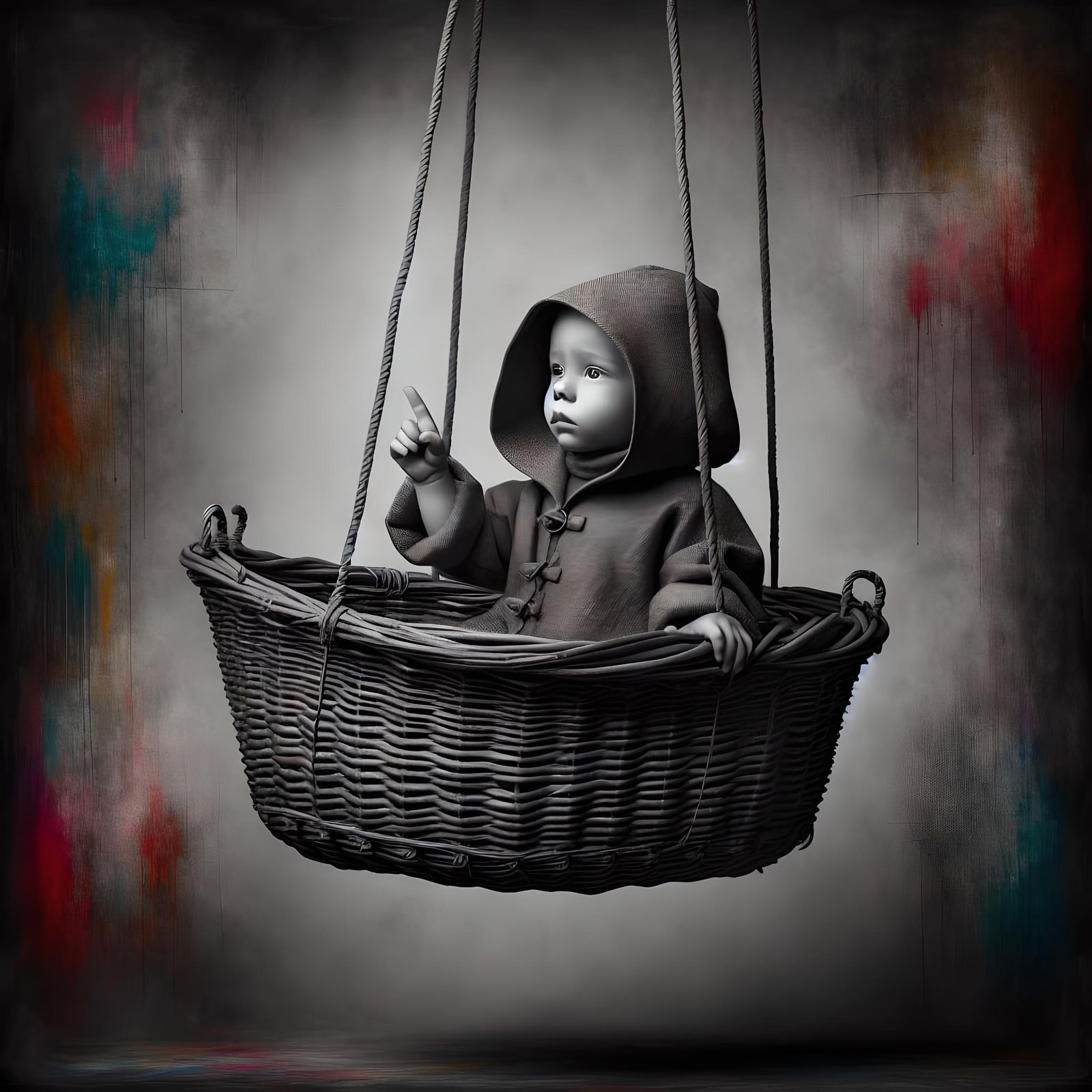 Child in Basket with Graffiti Contrast