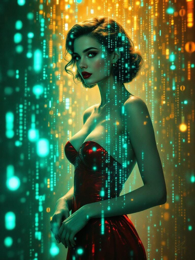 Pin-Up in Cyberpunk Matrix Overlay