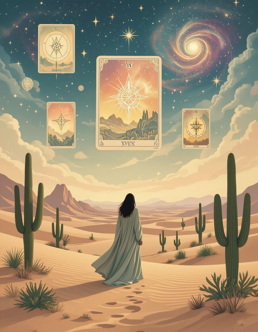 Mystical Desert Solitude Under Cosmic Skies with Tarot Cards
