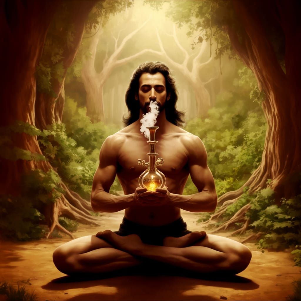 Shiva Meditates in Forest Clearing with Bong