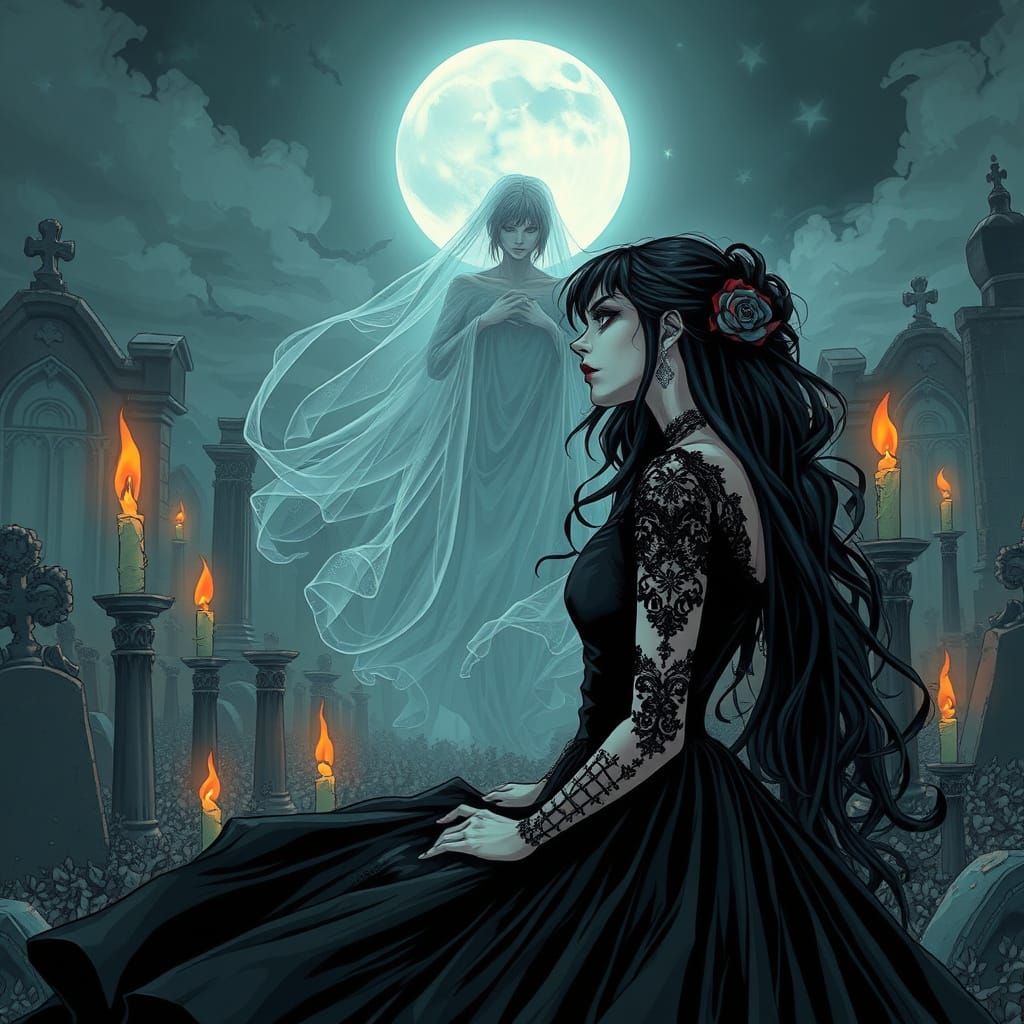 Ethereal Goth Romance in Moonlit Cemetery Ruins