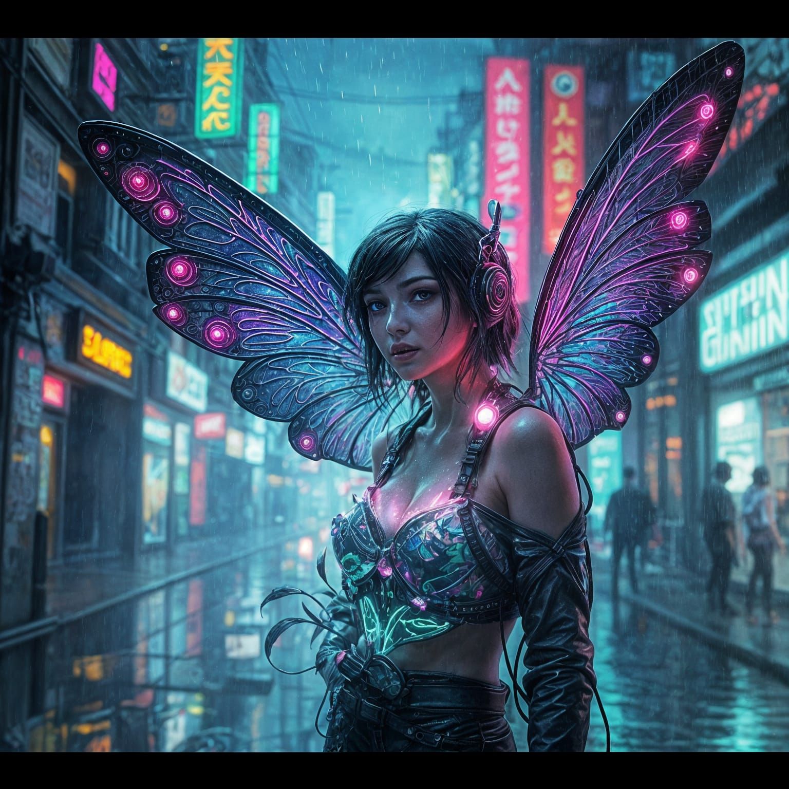 Cyberpunk Fairy with Bioluminescent Plants
