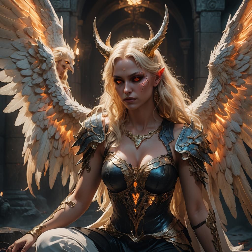 Blonde Demoness Over Angels in Dark Fantasy Art