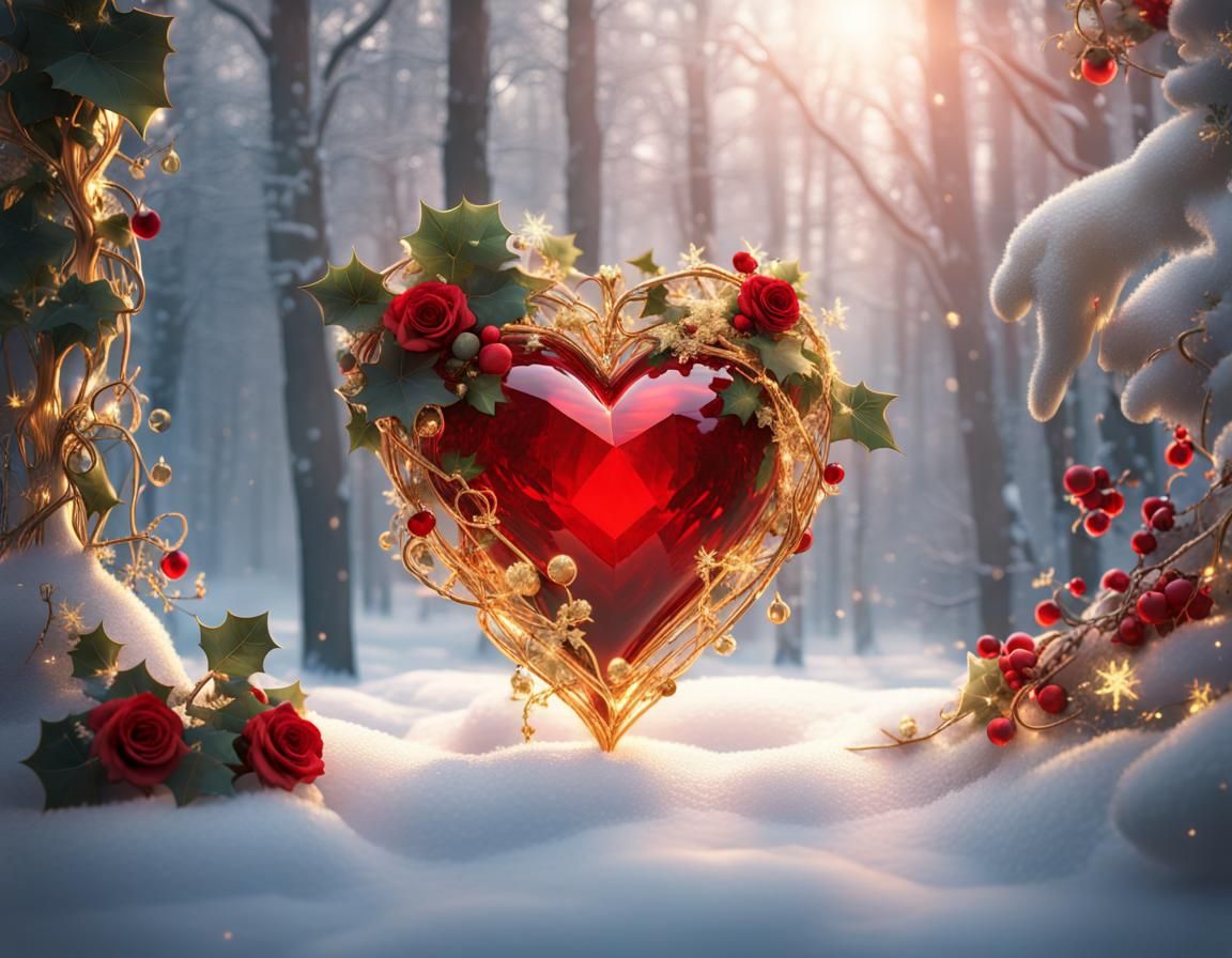 Crystal Christmas Heart with Roses and Ivy