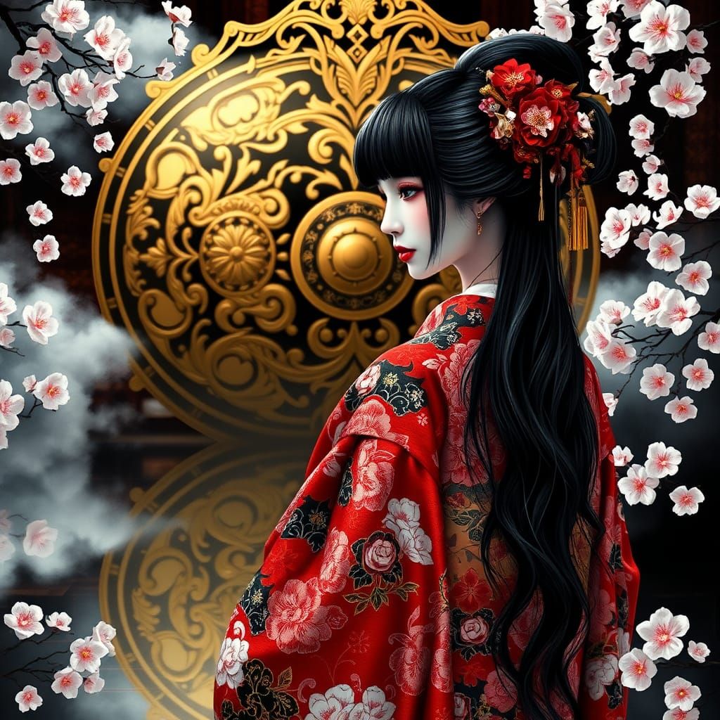Geisha in Ornate Kimono Touching Mirrored Reflection