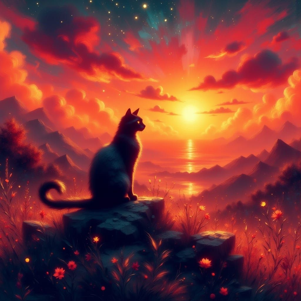 Black Cat Watches Fairytale Sunrise as Impasto Painting