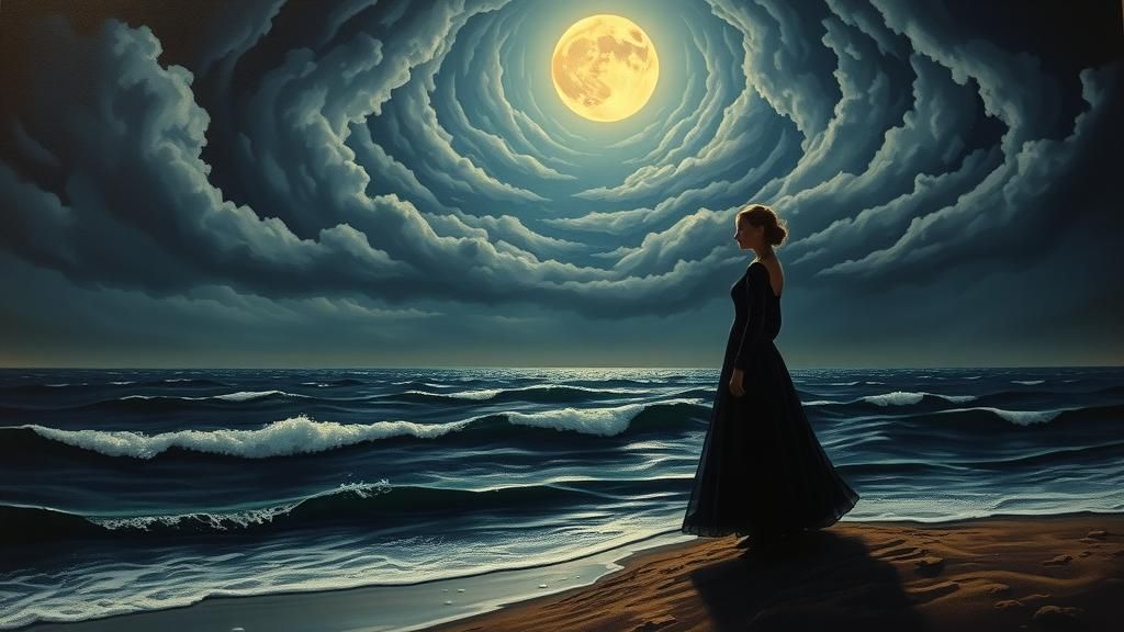 Eerie Victorian Woman at Moonlit Ocean's Edge