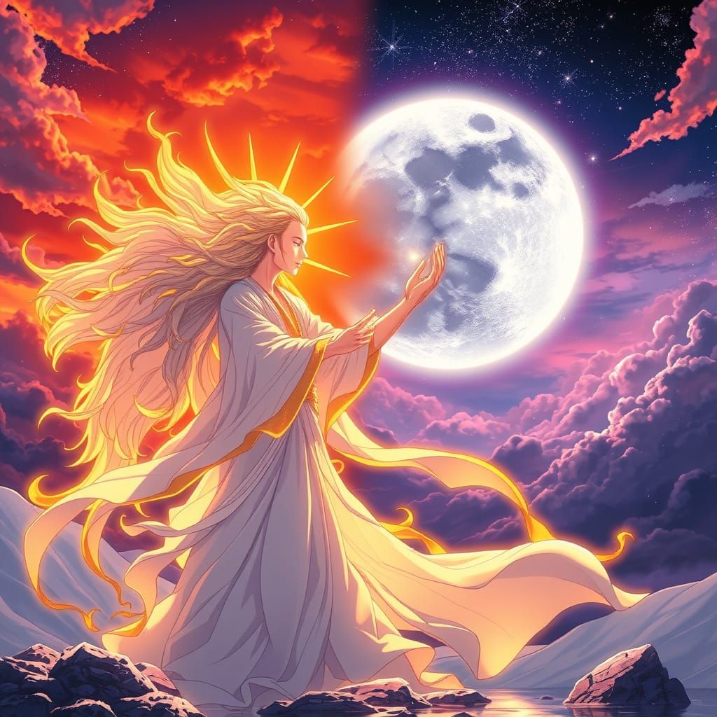 Sun and Moon Spirits in Surreal Anime Fantasy