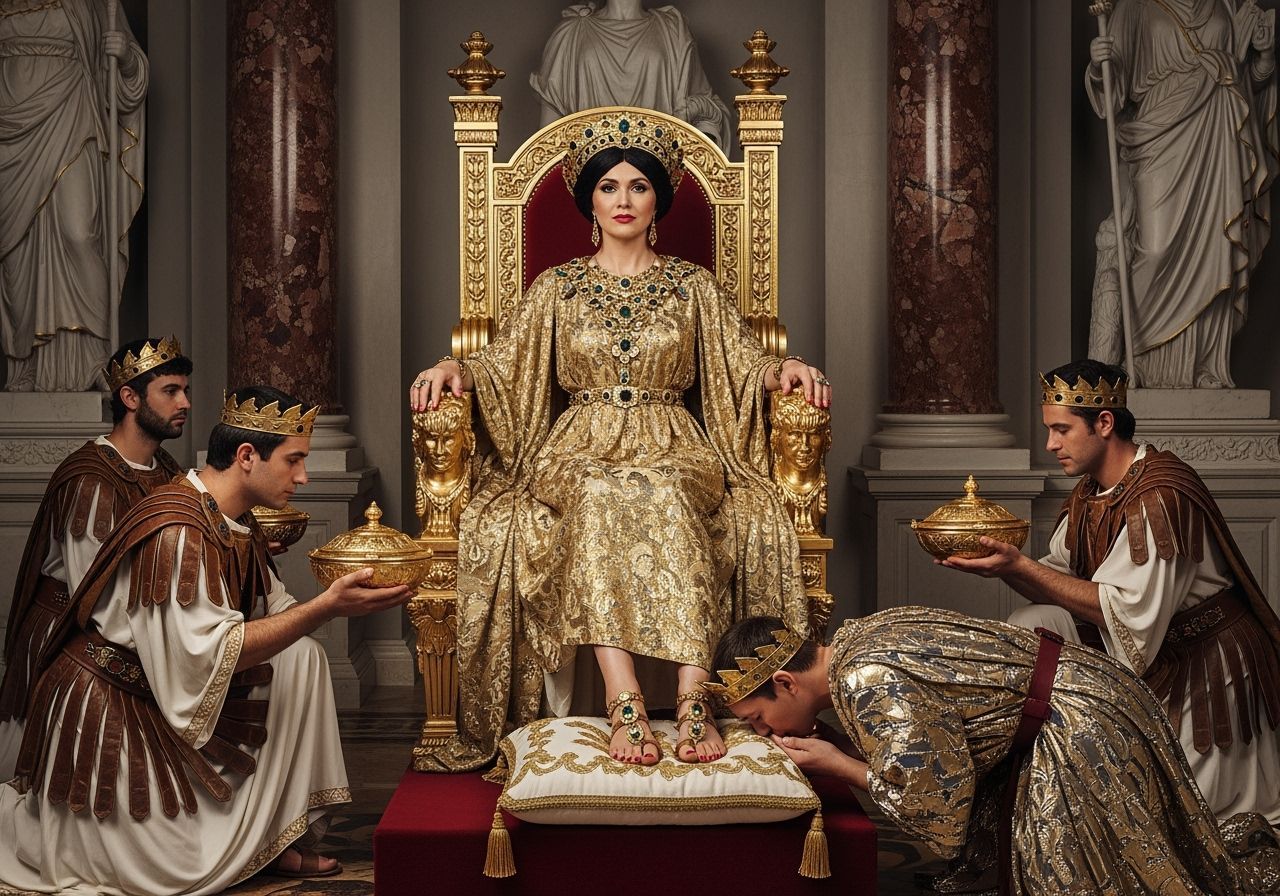 Regal Roman Empress on Gold Throne in Opulent Room