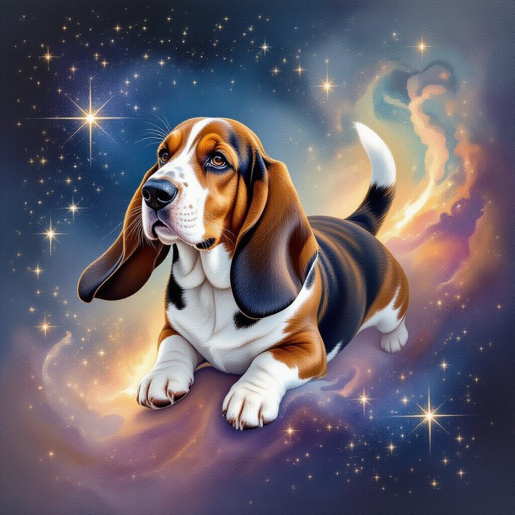 Ethereal Basset Hound Floating in Cosmic Nebula
