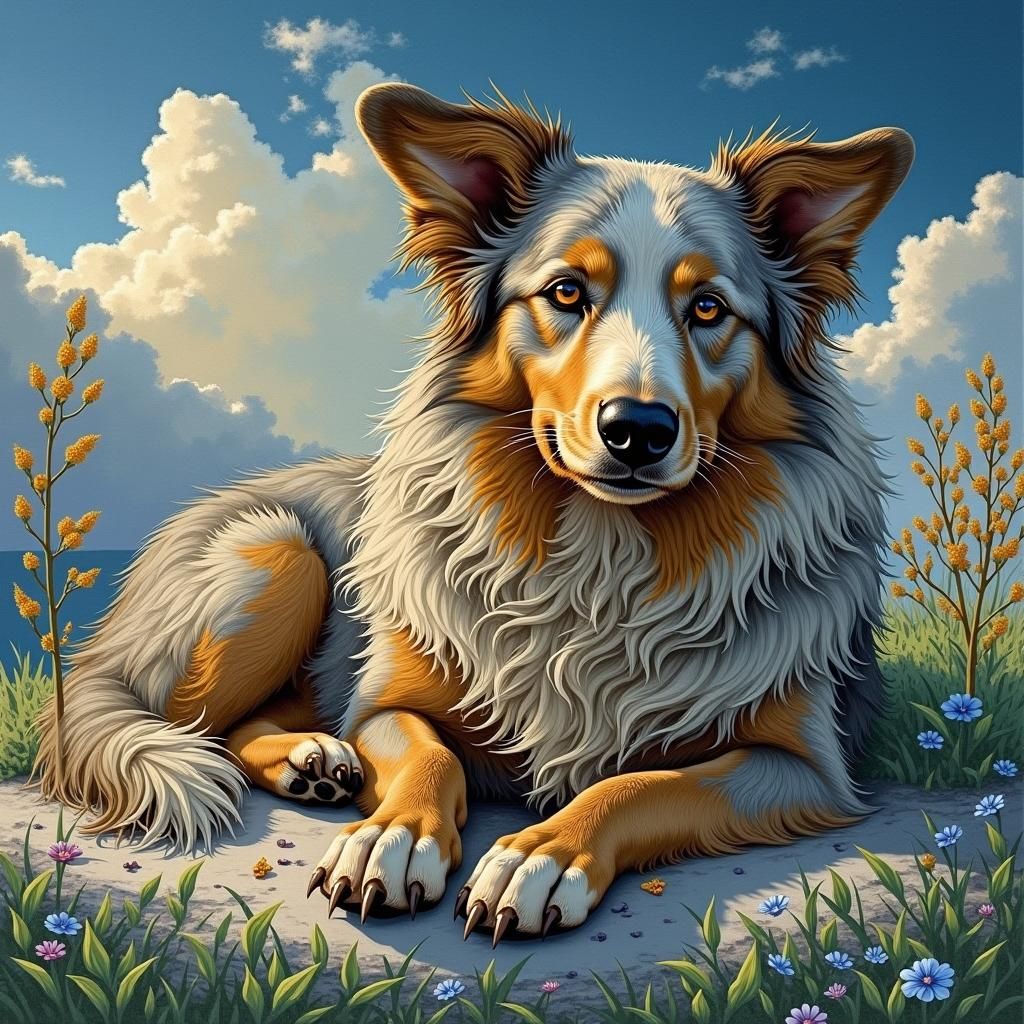 Australian Shepherd in Impressionist Summer Landscape