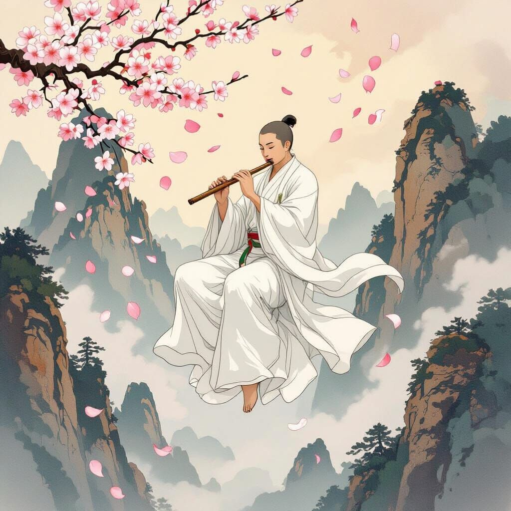 Levitating Monk Amidst Mountains: Chinese Art Nouveau Style