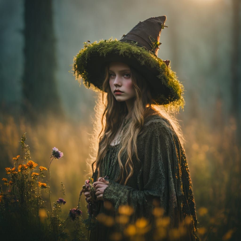 Mystical Forest Witch with Wildflowers in Golden Hour Light