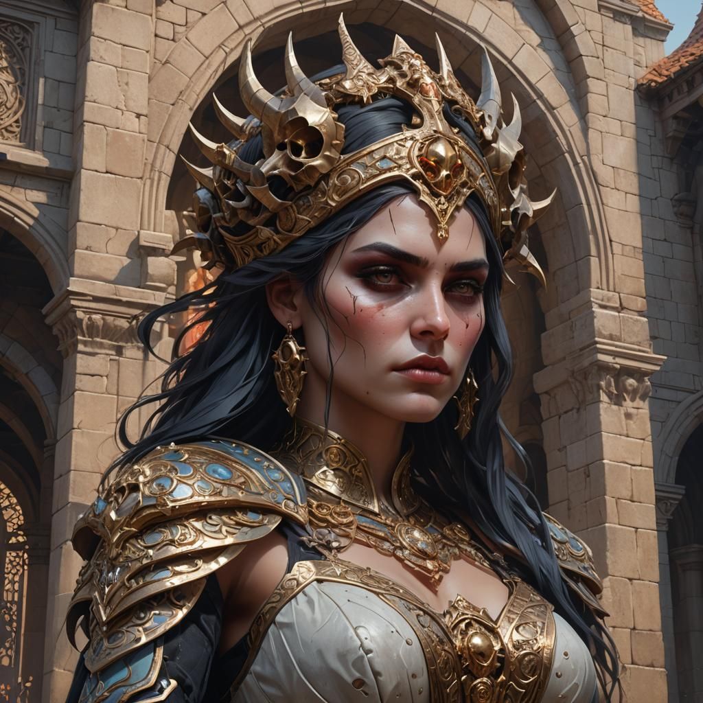 Gothic Demoness Portrait in Skull Tower, Hyperdetailed Art