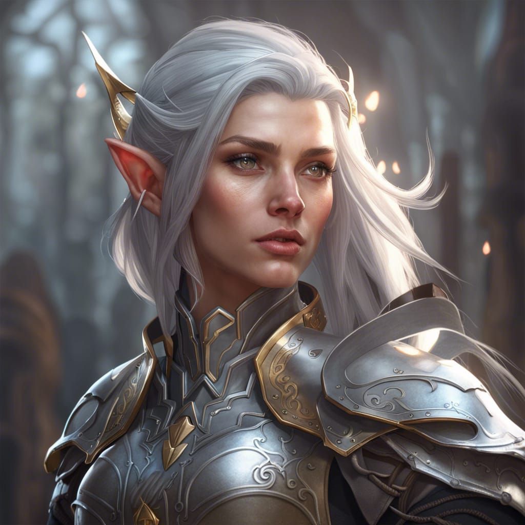 Grey Elf Knight Portrait in Art Nouveau Style
