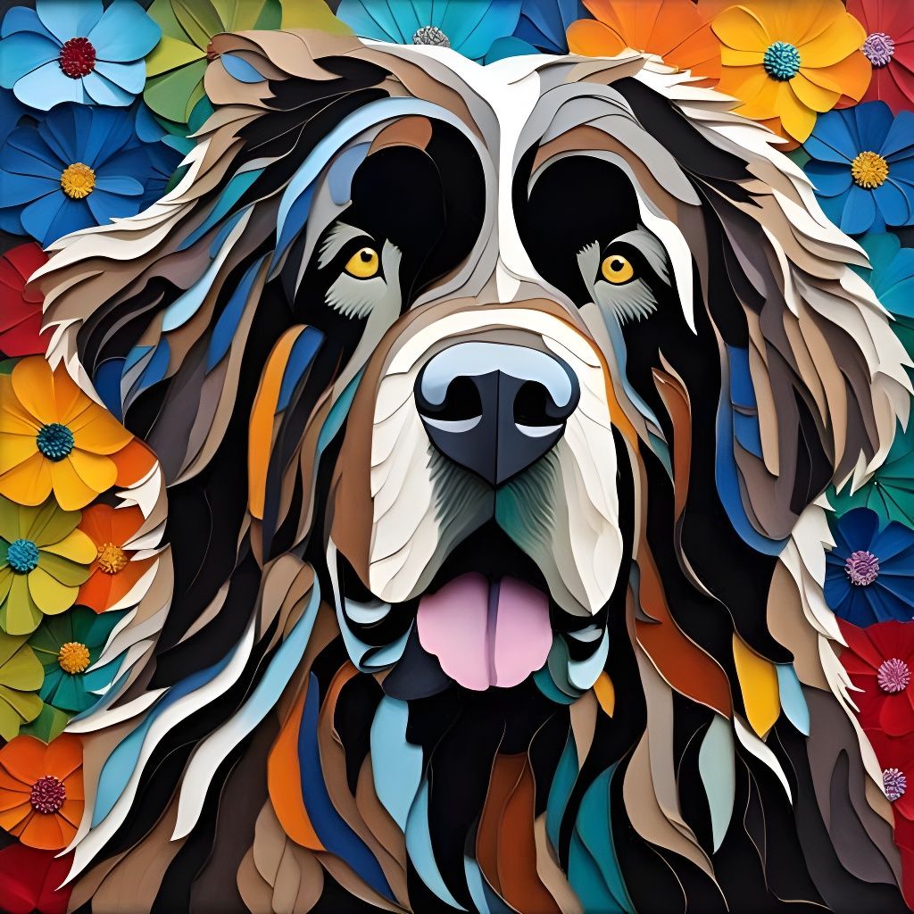 Newfoundland Dog Portrait in Collage Art Style