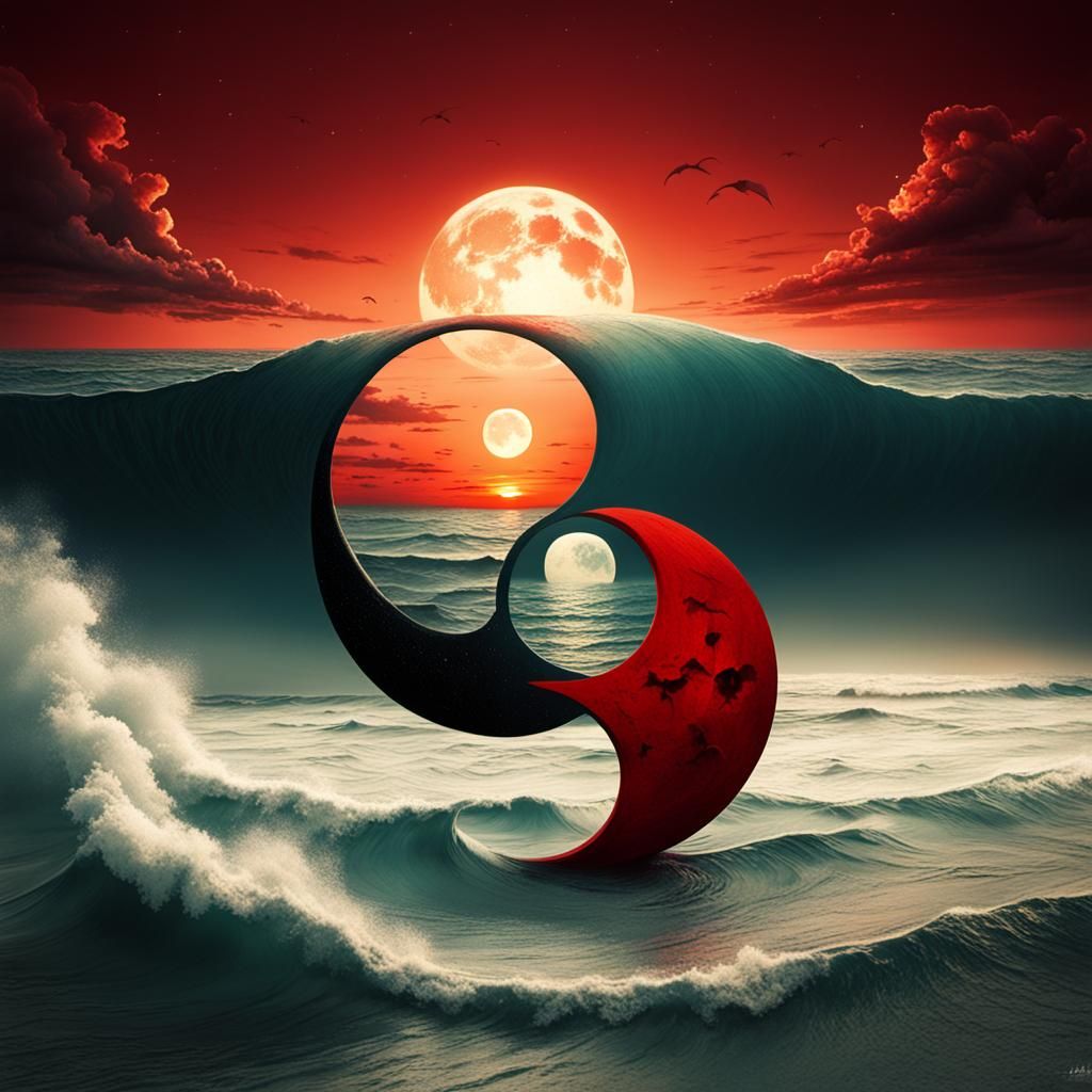 Surreal Yin Yang Sun Moon Over Crimson Beach