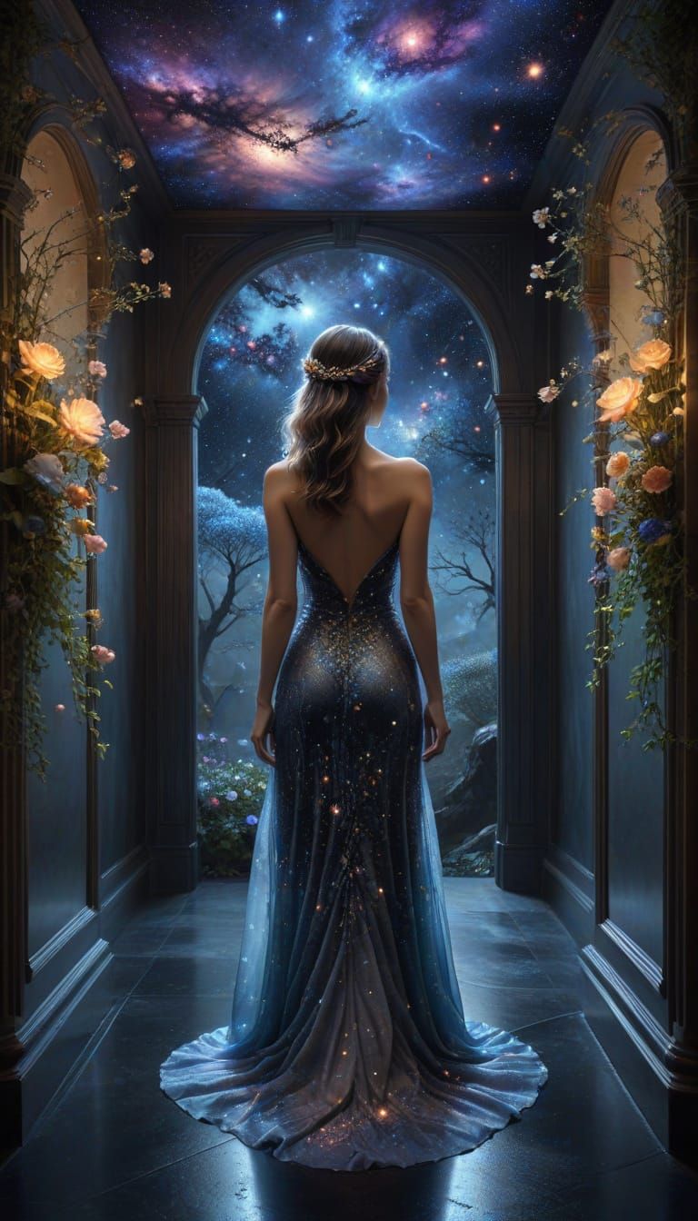 Mystical Hallway Opens to Magical Terrain with Ethereal Woma...