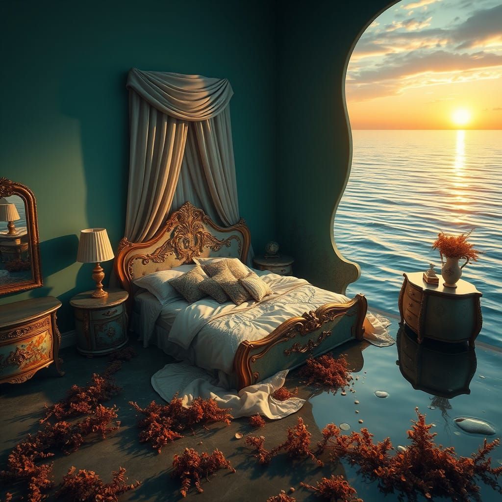 Surreal Golden Dawn Melts into Oceanic Dreamscape