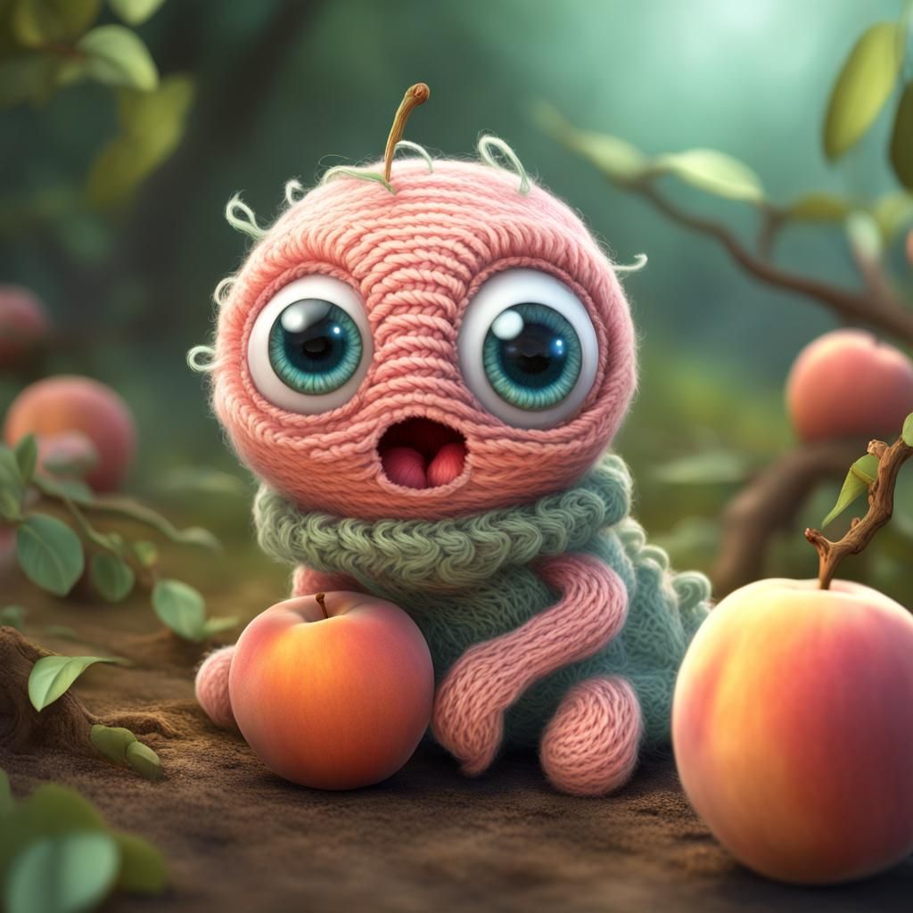 Knitted Yarn Worm Crawling from Peach, Digital Art