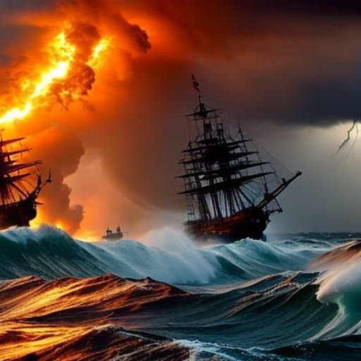 Pirate Ships Battle in an Extreme Weather Storm