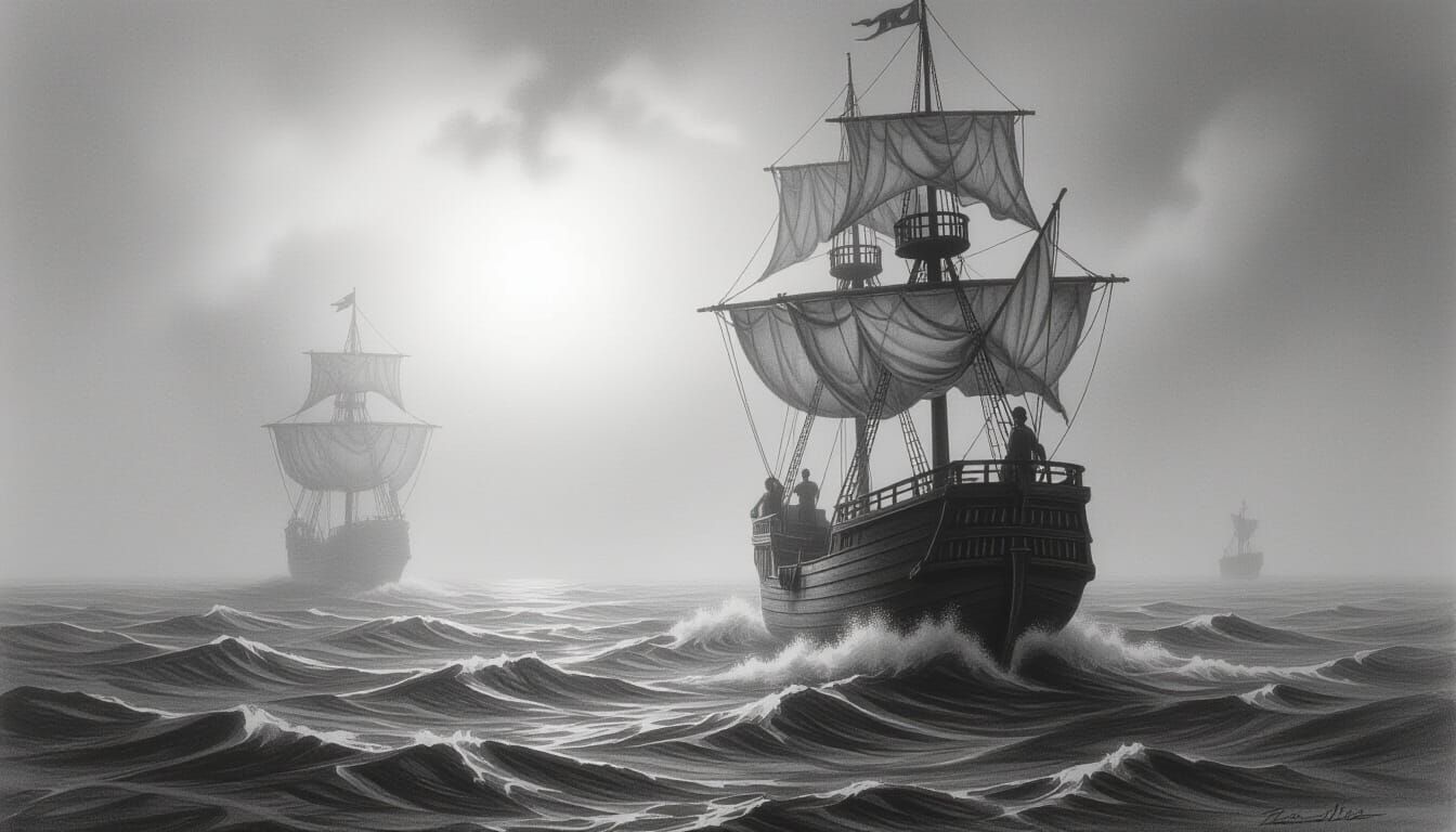 Sirens' Song Lures Ship Lost in Fog - Realistic Charcoal Art
