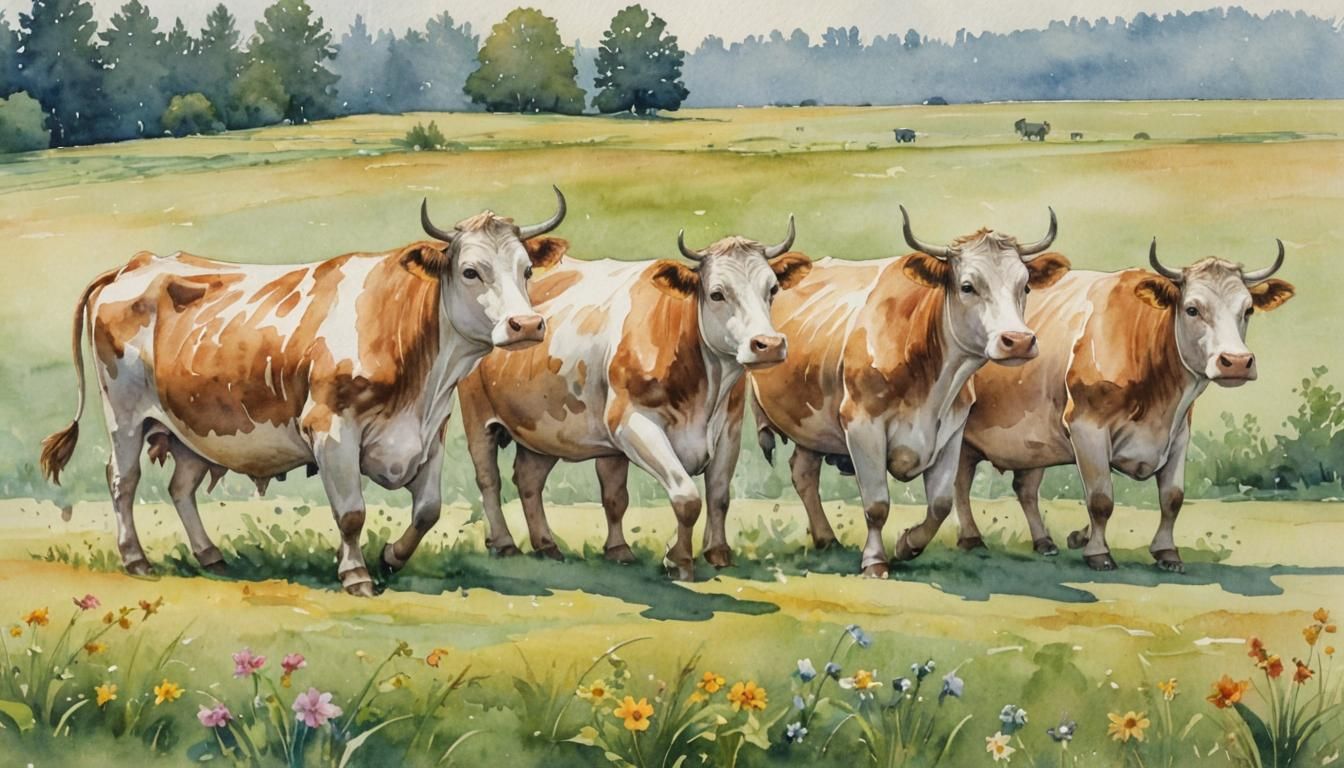 Dancing Cows in Watercolor Fantasy