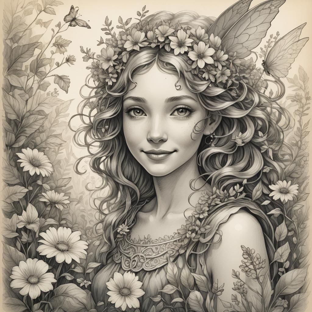 Smiling Fairy Woman in Graphite Sketch Style
