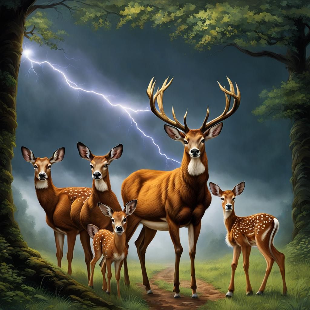 Deer and Fawn Shelter from Storm in Fantasy Art
