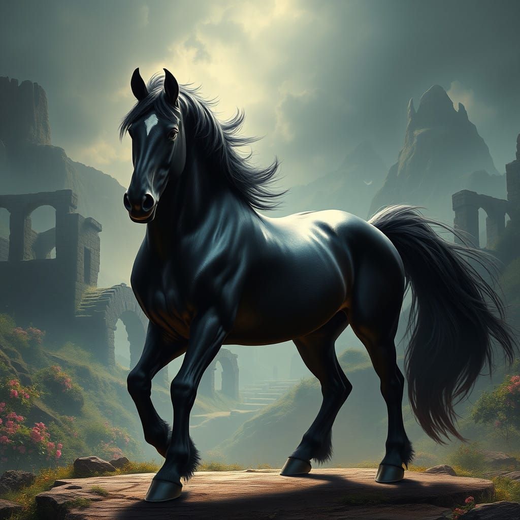 Majestic Friesian Horse in Ethereal Fantasy Realm