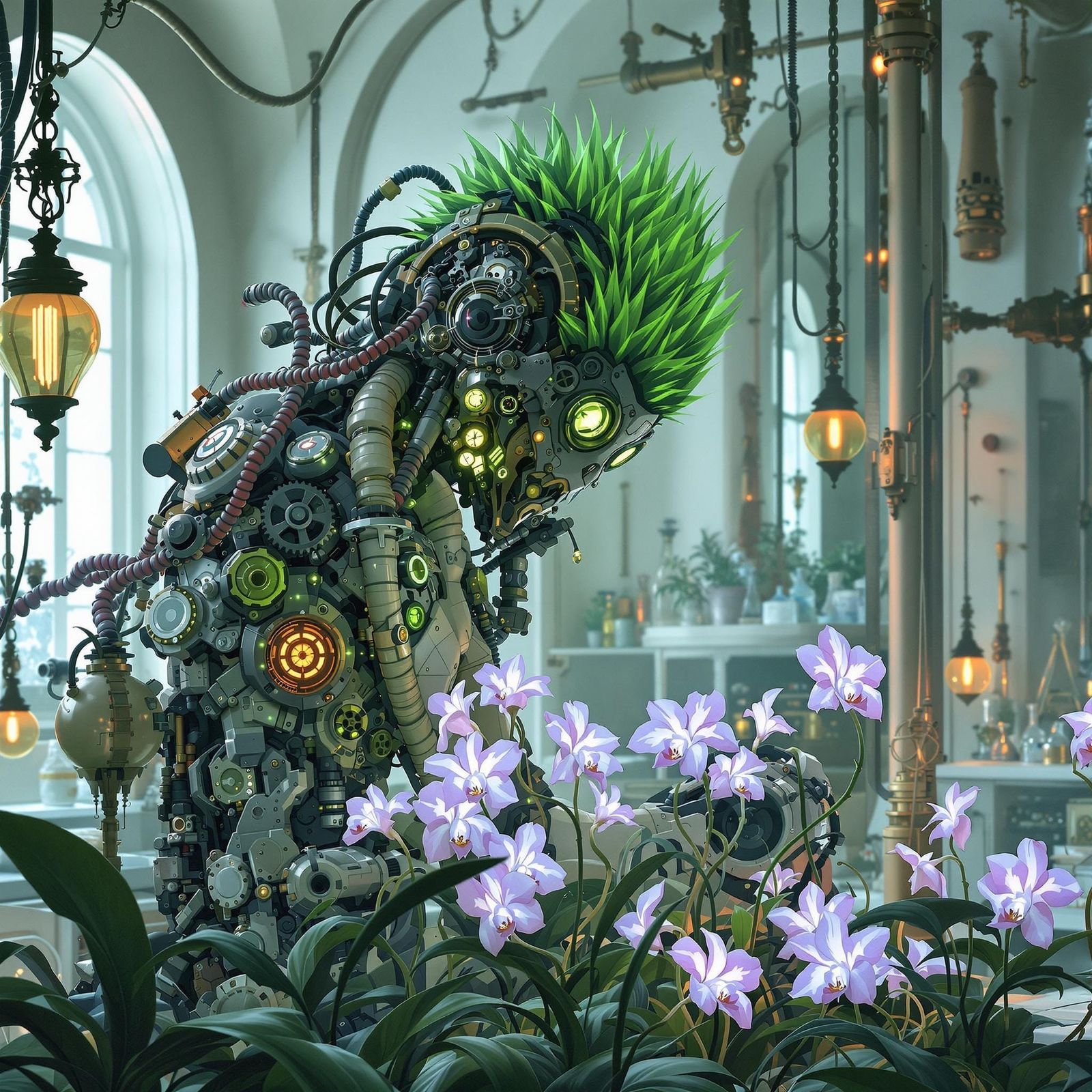 Dieselpunk Golem Tending Bioluminescent Orchids
