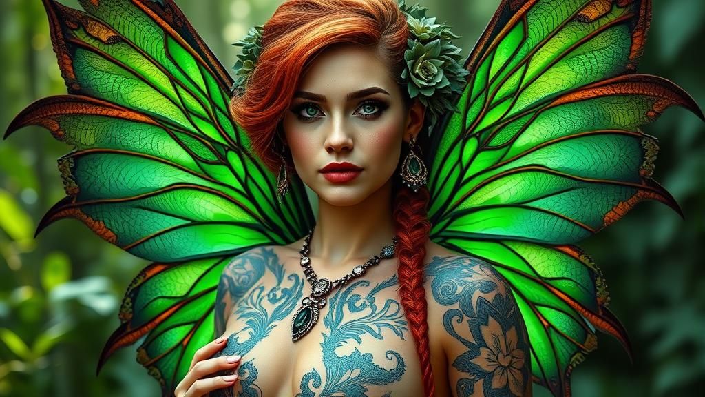 Forest Fairy Woman with Emerald Wings and Tattoos