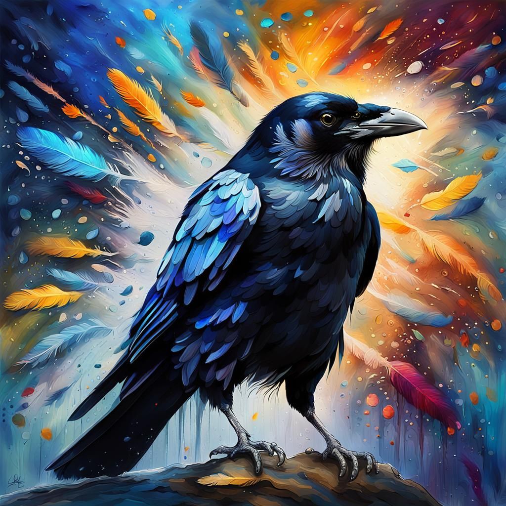 Lovely Crow in Vibrant Splash Art Style
