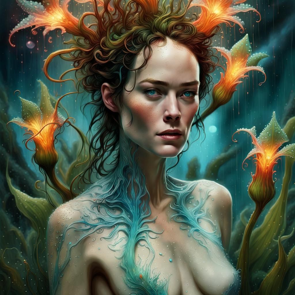 Botanist with Carnivorous Bioluminescent Plants: Fantasy Art